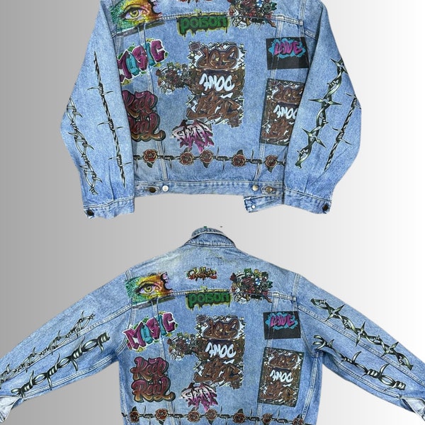 Graffiti CUSTOMISED vintage 80's 90's trucker denim jeans jacket S-XXL