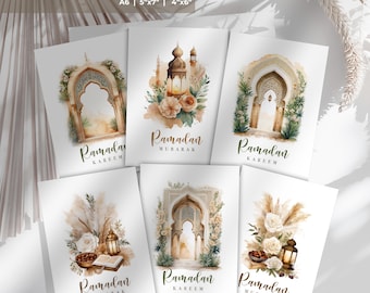 Set of 6 Printable Ramadan Cards | Elegant Ramadan Cards | Beautiful Digital Ramadan Cards | Ramadan Mubarak | A6 | 4x6 | 5x7 | Downloadable