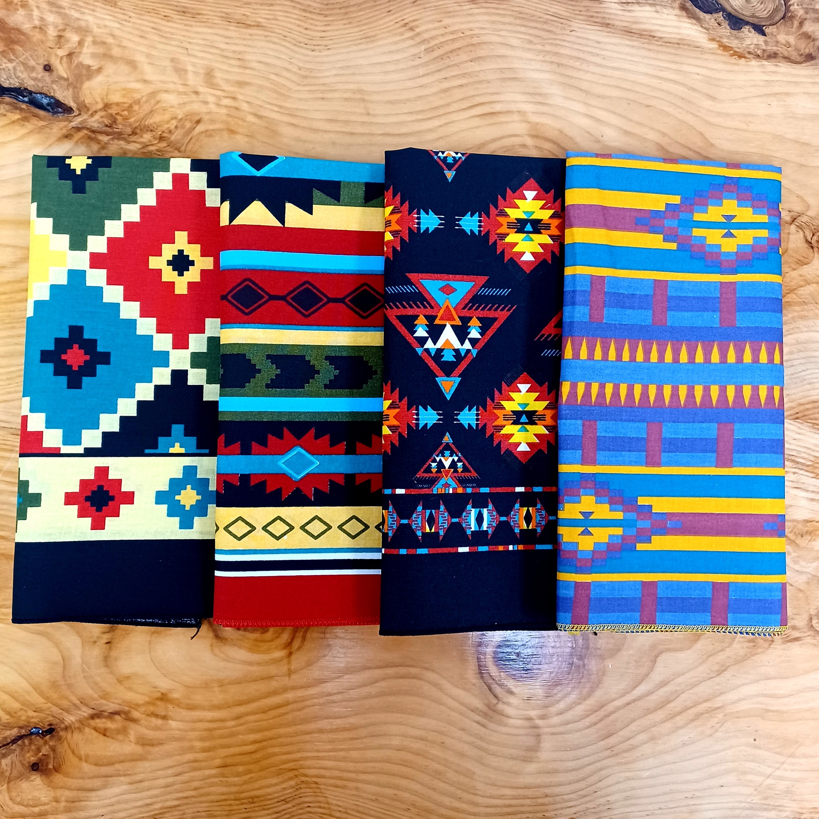 Lot De 3 Bandanas Vintage – Motif Aztèque / Western – Bleu & Marron – Made In USA