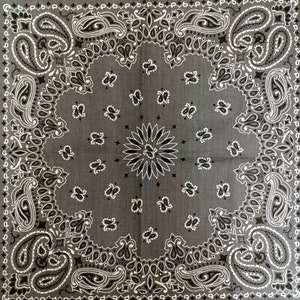 May include: A gray bandana with a white paisley pattern. The bandana has a white border and a white center with a black starburst design.