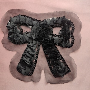 Bow embellishment applique Black Rose of ruffled satin & black sequins for gown veil blouse, 12cm x 10cm