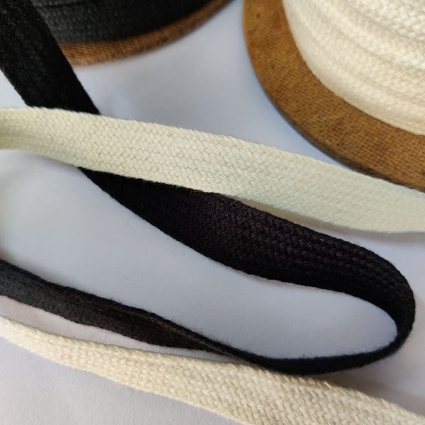 12mm Hoodie band flat cord, Natural White or Black, 100% cotton