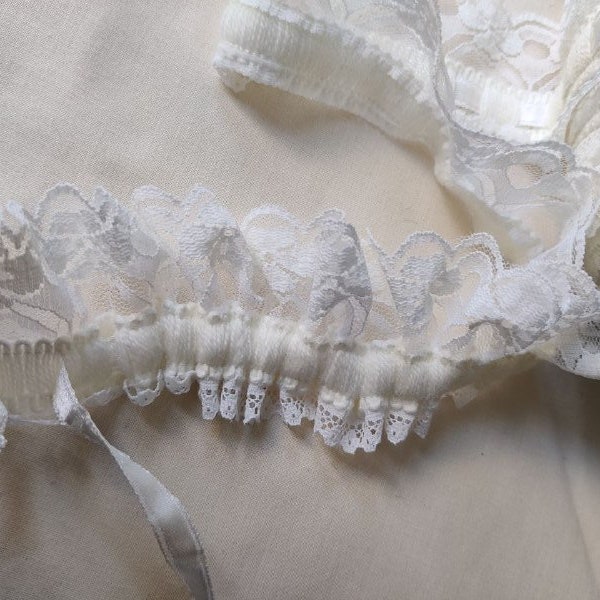 2 metres Bridal Ruffle lace trim w adjustable tape, 5 cm (2") wide, vintage-style flowers pattern, edge ribbon for gown, veil, lingerie