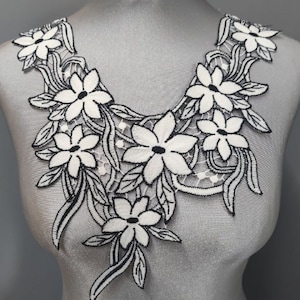 Bridal embroidered lace neckline applique, embellishment decolleté Bertha collar patch, Black & White large Daisy, size 10-12 UK