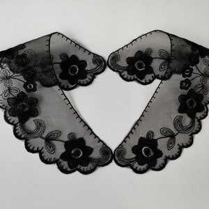 Zwarte geborduurde kanten kraagpatch van organza, 19 cm, nepkraagapplicatie in vintage-stijl bloemen. Boho Gothic Sabrina Spitzenkragen