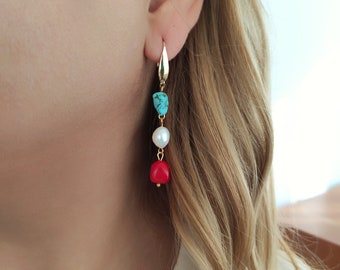 Red Coral with Turquoise and Freshwater Pearl Dangle Earrings Natural Gemstone Dangle Earrings 18K Gold Plated - Special Jewelry Design