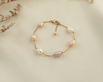 Freshwater Pearl Charm Bracelet Natural Pearl - Adjustable Bracelet Jewelry Design 18K Gold Plated Chain Mom's Day Gift for Her Gift For Mom