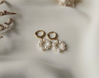 Freshwater Pearl Hoop Earrings: 18K Gold Plated, Handmade