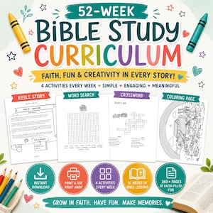 May include: A 52-week Bible study curriculum featuring activity pages including a Bible story, word search, crossword, and coloring page. The design includes colorful text, crayons, and five circular icons highlighting features like instant download and 260+ pages.