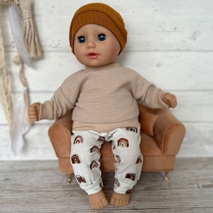 Puppenkleidung 36 cm Set Beige Sweatshirt Regenbogen Hose Mütze Pulli Puppenoutfit Babypuppe Baby re born Puppenmode image 1