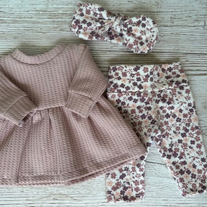 Puppenkleidung Set Kleid Leggings Stirnband 43 cm Mädchenpuppe Outfit Puppenmode Baby re born Babypuppe Rosa Blümchen