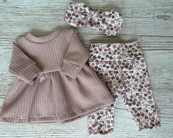 Puppenkleidung Set Kleid Leggings Stirnband 43 cm Mädchenpuppe Outfit Puppenmode Baby re born Babypuppe Rosa Blümchen