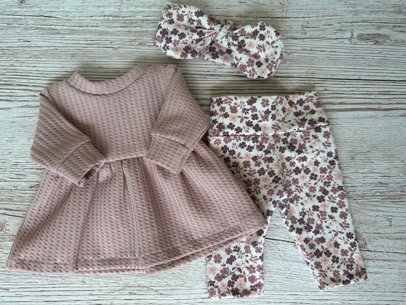 Puppenkleidung Set Kleid Leggings Stirnband 43 cm Mädchenpuppe Outfit Puppenmode Baby re born Babypuppe Rosa Blümchen Bild 1