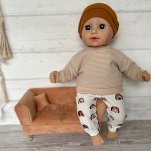 Puppenkleidung 36 cm Set Beige Sweatshirt Regenbogen Hose Mütze Pulli Puppenoutfit Babypuppe Baby re born Puppenmode image 3