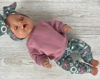 Puppenkleidung Set für 43 cm Puppen Altrosa Oberteil Langarm Blumen Puppenhose Puppenkleider Kleidung Babypuppe Puppenoutfit