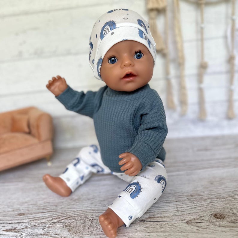 Puppenkleidung 43 cm Set für Jungepuppe Puppenhose Mütze Puppenpulli Regenbogen image 1