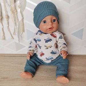 Puppenkleidung 43 cm Set Sweatshirt Hose Mütze Jungenpuppe Autos Puppenoutfit Babypuppe Baby re born Puppenmode Waffeljersey Blau Pulli Bild 1