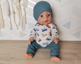 Puppenkleidung 43 cm Set Sweatshirt Hose Mütze Jungenpuppe Autos Puppenoutfit Babypuppe Baby re born Puppenmode Waffeljersey Blau Pulli