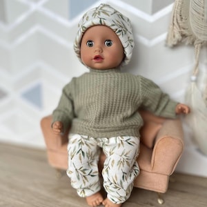 Puppenkleidung 30 - 34 cm Set Olive Grün: Pulli, Puppenhose, Beanie Puppenoutfit für Babypuppe immagine 7