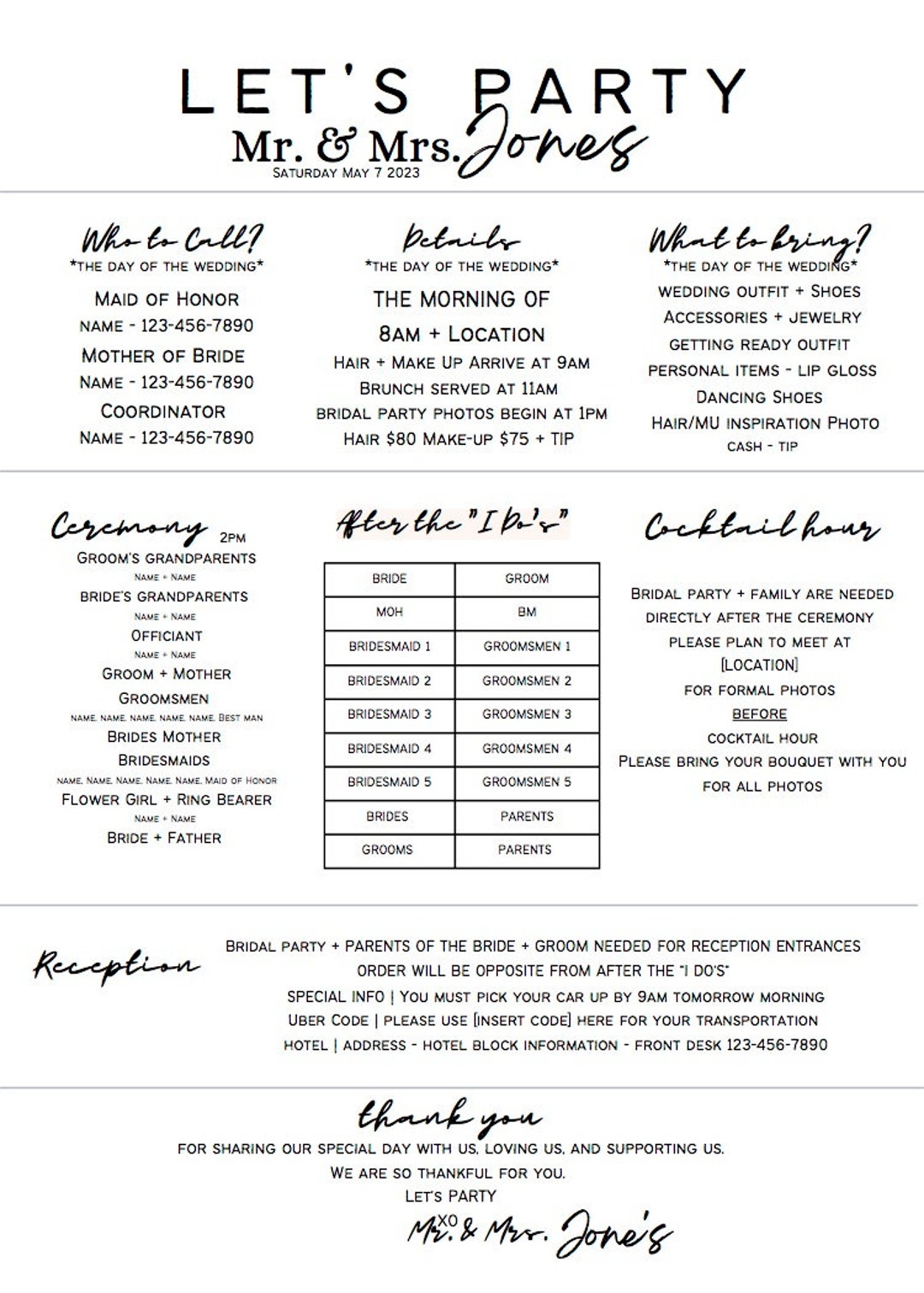 Bridal Party Day of Wedding Information Sheet Etsy