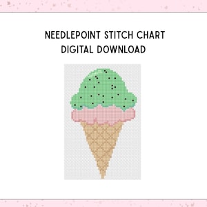 May include: Needlepoint stitch chart digital download featuring a pixelated ice cream cone. The ice cream has a green top with black dots, a pink middle, and a tan cone. The image is on a white background.