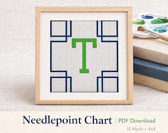 Patrón de punto de cruz griego con inicial T / Descarga en PDF / Preppy NDLPT