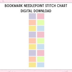 May include: A digital download bookmark needlepoint stitch chart. The chart features a series of colorful squares in pastel shades of purple, orange, yellow, pink, green, and blue. The text "BOOKMARK NEEDLEPOINT STITCH CHART DIGITAL DOWNLOAD" is at the top.