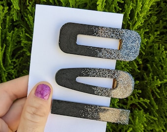 Sprankelende zwarte harshaarclip, zilverzwarte harsspeld, feestharshaaraccessoire, zwarte nieuwjaarsharshaarclip, sprankelende haarspeld
