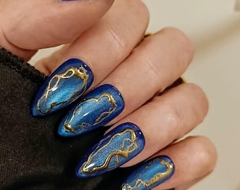 Elektriska Blå Jelly Press On Naglar, Gyllene Krom Mandel, Cat Eye, Återanvändbara
