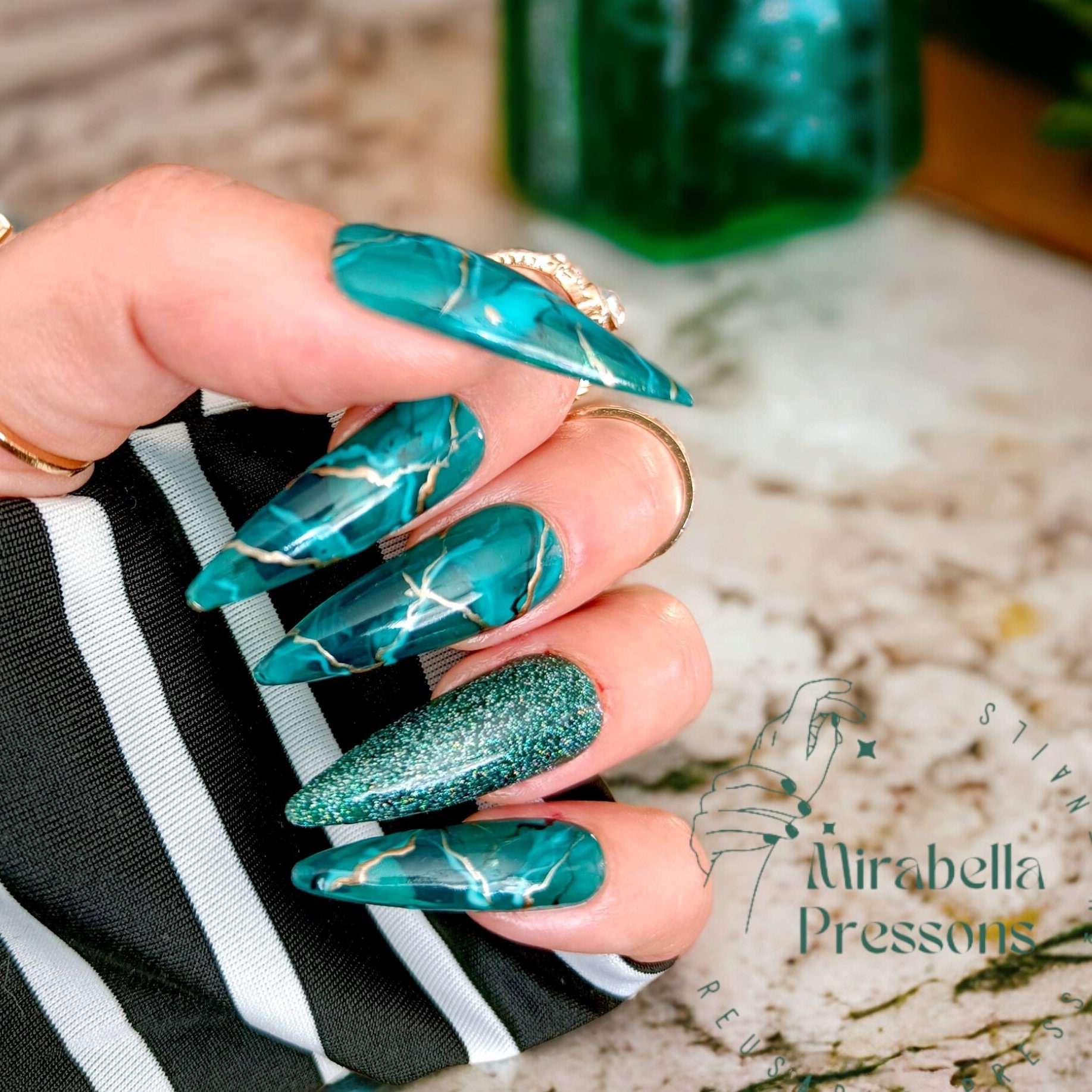Emerald Green Marble Stiletto Press on Nails: Hand-painted Reusable Gel  Custom Nails