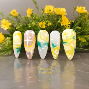 Sunny -  Milky white Reusable Press on Nails yellow Flowers Summer Nails for Wedding Bright Yellow pressons