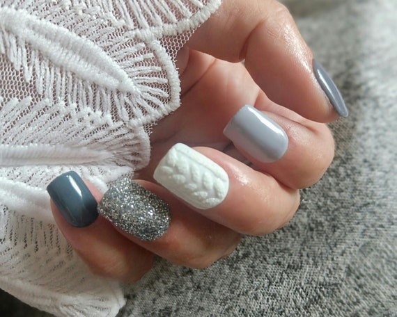 nails for grey dress Sweater Design Press on Nails, Silver Glitter, Short Square nails to go with grey dress