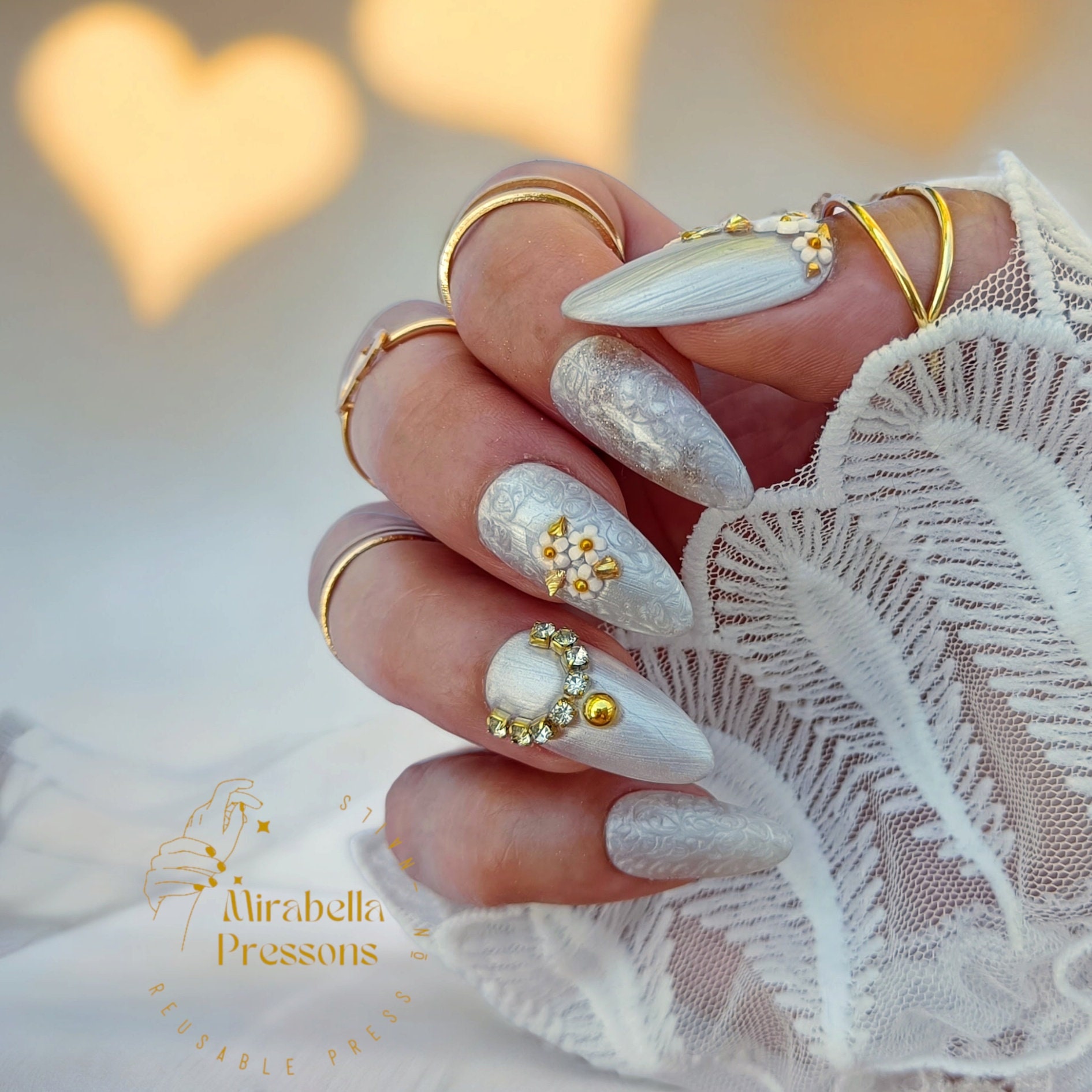 I DO Hand Painted Reusable Press on Nails for Wedding Nails Almond Press on  Nails for Bride Pearly White Gold Custom Nails Summer Bling - Etsy