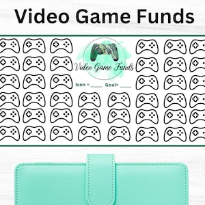 Puede incluir: Una hoja imprimible con una cuadrícula de 49 iconos de mandos de videojuegos en blanco y negro. La hoja tiene el texto "Video Game Funds" en la parte superior y "Icon = Goal =" en la parte inferior.