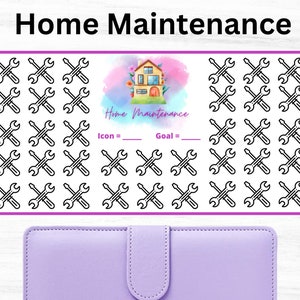 May include: A printable home maintenance tracker with a colorful house illustration and 48 wrench icons. The tracker has spaces to write in the icon and goal.