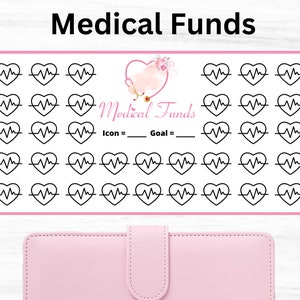 Puede incluir: Un rastreador de fondos médicos imprimible con un diseño de corazón rosa. El rastreador tiene 36 iconos de corazón con una línea de latido del corazón dentro de cada corazón. El texto "Medical Funds" está en la parte superior del rastreador. El texto "Icon = ____ Goal = ____" está debajo del diseño del corazón.