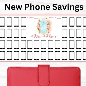 May include: A printable savings tracker with a grid of 48 phone icons. The tracker is designed to help you save money for a new phone. The text "New Phone" is written in a decorative font. The text "Icon =" and "Goal =" is written at the top of the tracker.