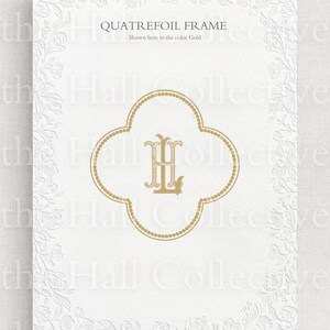 Benutzerdefinierte Hand illustriert Quatrefoil Rahmen | für klassisches Hochzeitswappen | Ineinander greifendes Zwei Buchstaben Monogramm Upgrade