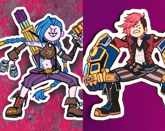 May include: Two cartoon character stickers, one with blue hair and a purple and yellow outfit, the other with pink hair and a red and black outfit. Both characters are holding weapons and have angry expressions.