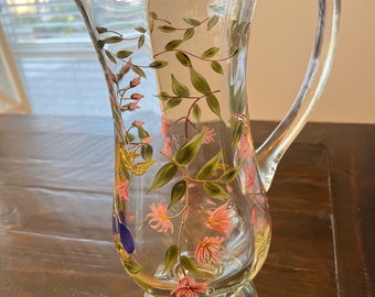 Vintage Romanian Crystal Pitcher. Hand painted Floral Decor-Gold Trim. Stunning.