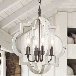 4-Light Farmhouse Orb Chandelier, Hand-Painted Distressed Wood Hanging Island Light Fixture for Dining Foyer Entryway Lighting