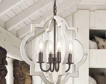 4-Light Farmhouse Orb Chandelier, Hand-Painted Distressed Wood Hanging Island Light Fixture for Dining Foyer Entryway Lighting