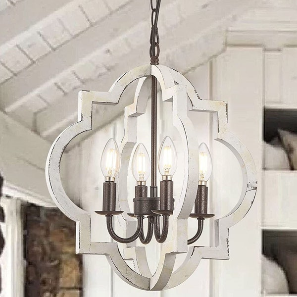 4-Light Farmhouse Orb Chandelier, Hand-Painted Distressed Wood Hanging Island Light Fixture for Dining Foyer Entryway Lighting