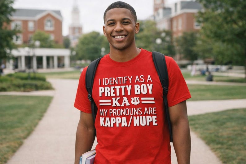 May include: Red t-shirt with white text that reads "I IDENTIFY AS A PRETTY BOY =KA&Psi;= MY PRONOUNS ARE KAPPA/NUPE." The shirt is worn by a person with a black backpack, walking on a path.