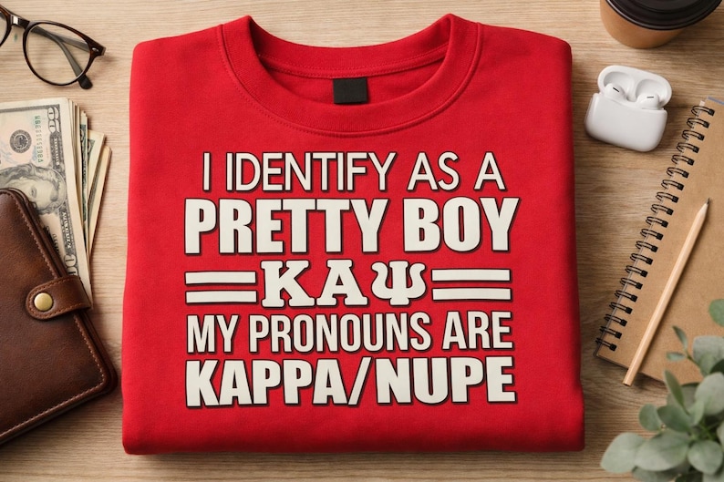 May include: A red sweatshirt with the text "I IDENTIFY AS A PRETTY BOY KAPPA/NUPE" in white block letters. The sweatshirt is folded neatly on a wooden surface, with accessories like glasses, money, and a notebook nearby.
