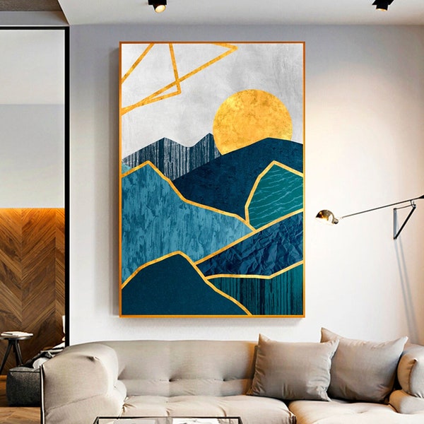 Blau Gold Abstrakt auf Leinwand - Einzigartiges Grafikdesign von IntericoShop