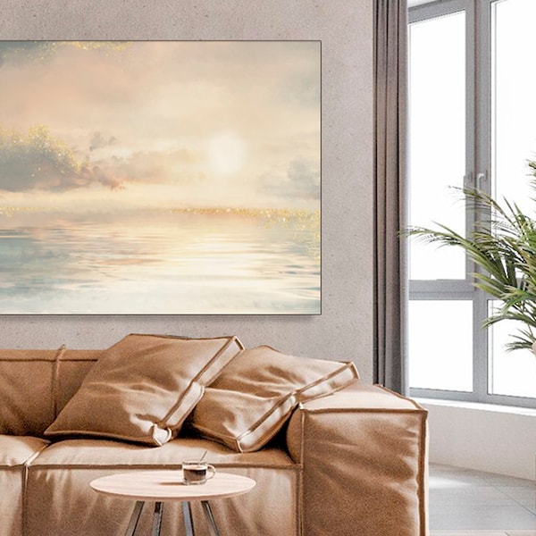 Sunrise painting above gold Waves on Top Canvas / Leinwand. Unique Graphic Design by IntericoShop