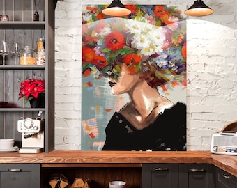 Woman with Flowers on Canvas- Unique Graphic Design by IntericoShop