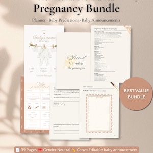 Peut inclure: Un ensemble numérique de grossesse comprenant plusieurs pages imprimables, dont une annonce de naissance, un planificateur de deuxième trimestre, une liste de budget et d'achats, des prédictions et une page d'échographie avec des tons neutres.