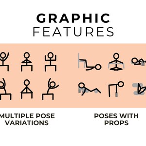 May include: Graphic features of stick figure yoga poses. The first row shows three different poses with variations in arm and leg positions. The second row shows three different poses with variations in arm and leg positions. The third row shows six different poses with props, including a chair, a block, and a strap.